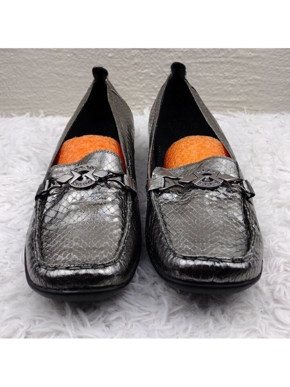 Bellini Abagail Silver Metallic Snakeskin Design Square Toe Low Wedged Heel Shoe - Picture 2 of 16